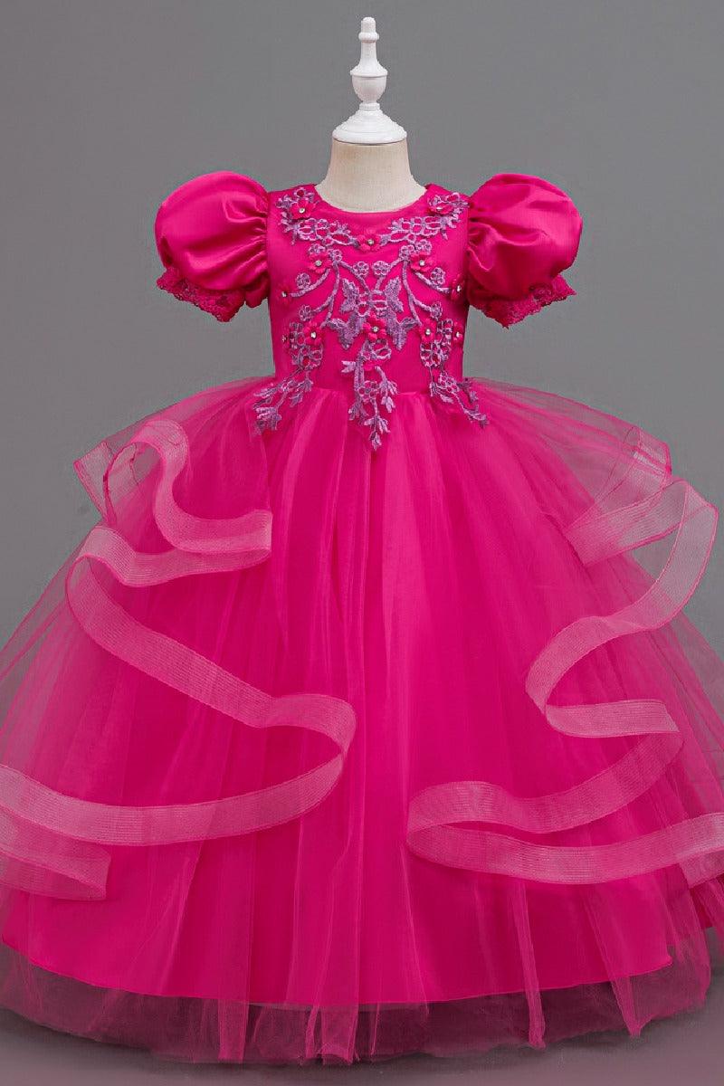 A-Line Round Neck Puff Short Sleeve Ruffled Tulle Floor-Length Flower Girl Dresses 1048500986721 - 7 Days / Hot Pink / 110cm - COCOMELODY
