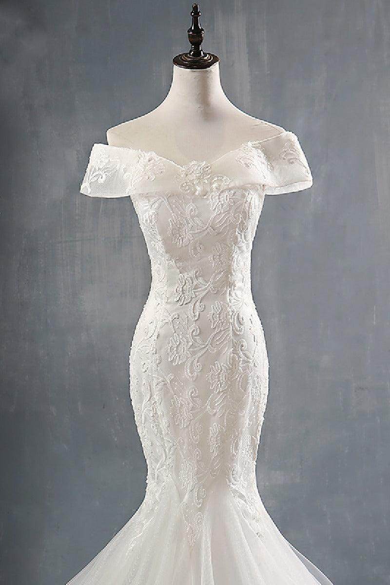 Trumpet-Mermaid Sweep-Brush Train Lace Tulle Wedding Dress 679380968083 - COCOMELODY