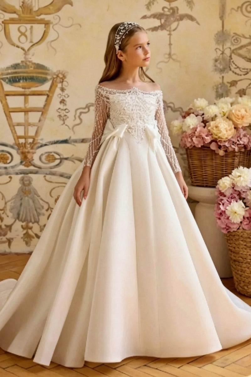 Elegant Off-Shoulder Illusion Flower Girl Dress Beaded Lace Bodice Satin with Waist Bows COCOMELODY 1059107968671, 10 Days / Ivory / 12