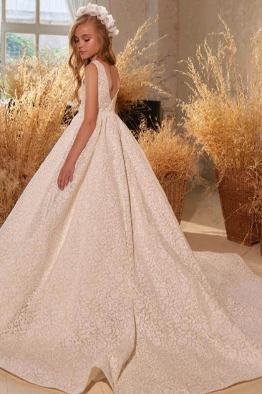 A-Line Square Neck Lace Court Train Flower Girl Dresses 673565263333 - COCOMELODY