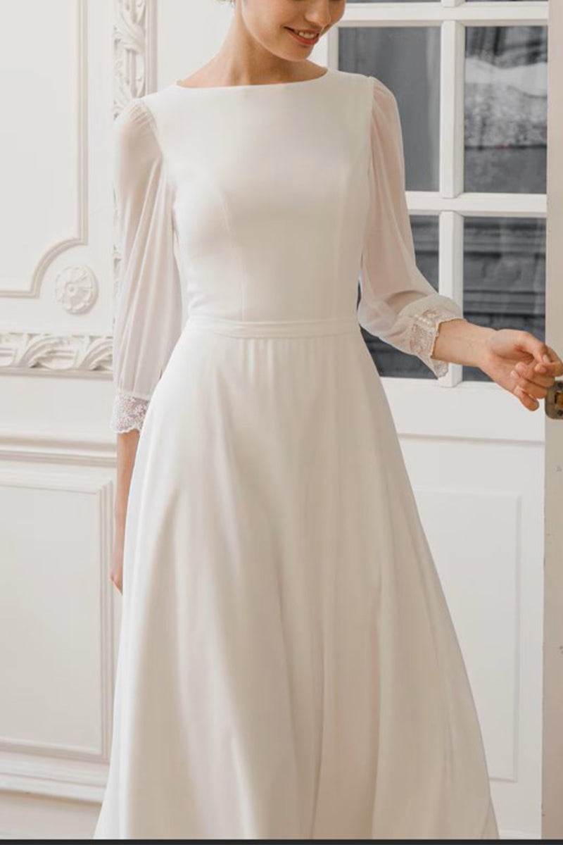 A-Line Tea Length Lace Chiffon Little White Dress 100041 - COCOMELODY