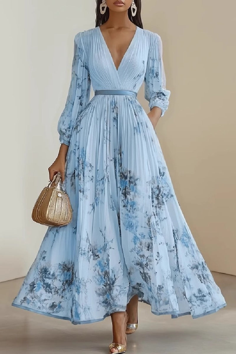 Floral Chiffon Wedding Guest Dress with Pleats A-Line Tea Length Long Sleeve COCOMELODY 891554880016, 10 Days / Light Blue / 2XL