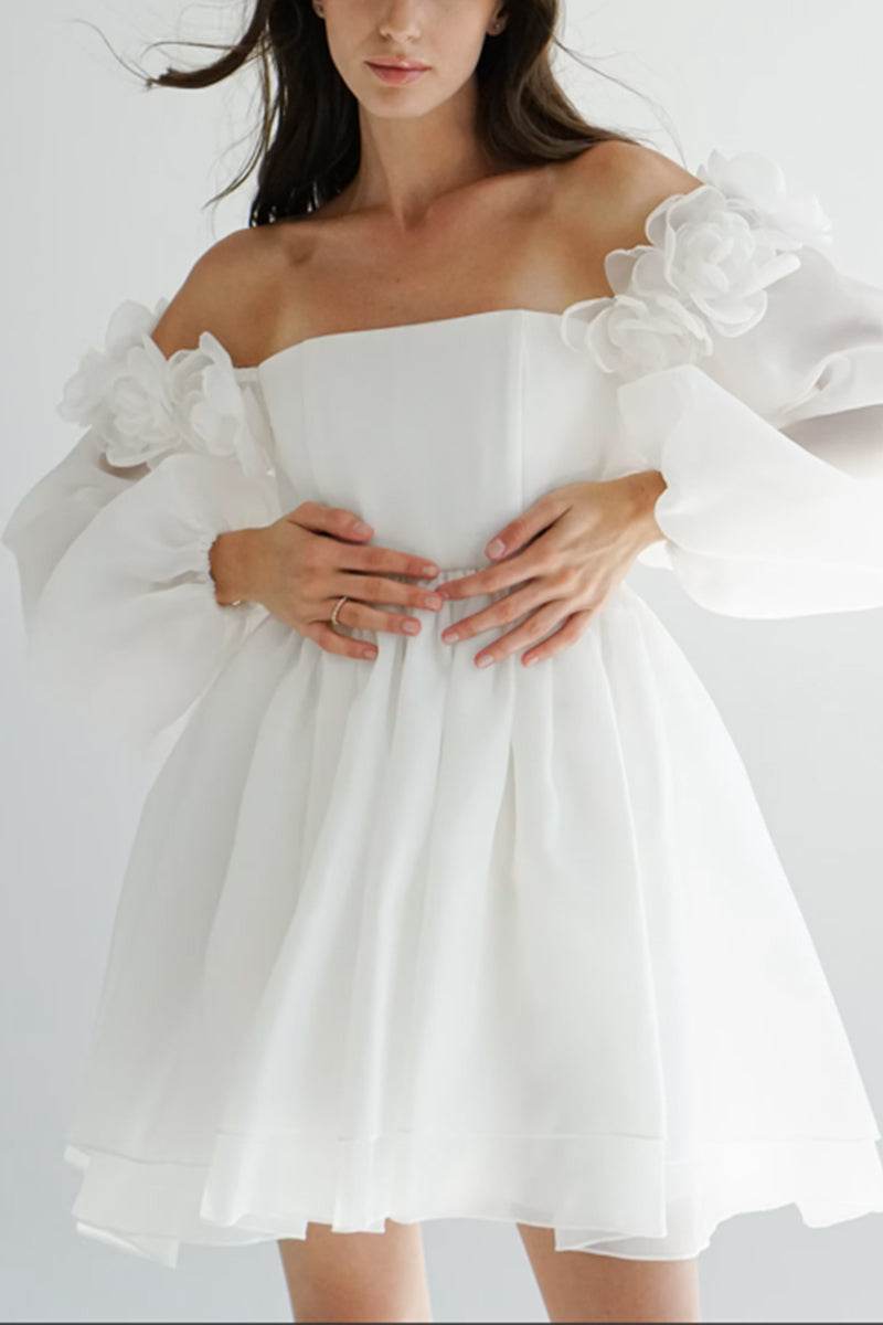 3D Flowers A-Line Mini Organza Little White Dress Off The Shoulder Short Wedding Dress COCOMELODY 100010, 25 Days / Ivory / US18-UK20-EUR48 3D Flowers A-Line Mini Organza Little White Dress Off The Shoulder Short Wedding Dress COCOMELODY 100010, 25 Days / Ivory / US18-UK20-EUR48