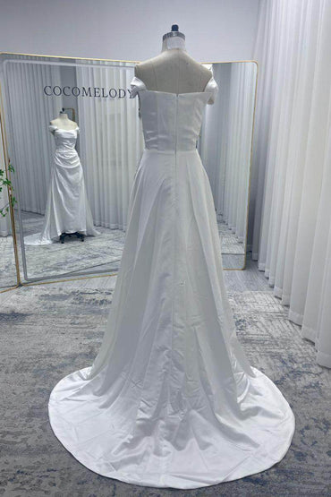 A-Line Sweep-Brush Train Satin Wedding Dress 827070473269 - COCOMELODY