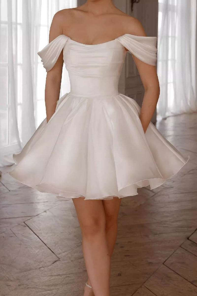A-Line Mini Satin Little White Dress COCOMELODY 940188752947 - COCOMELODY