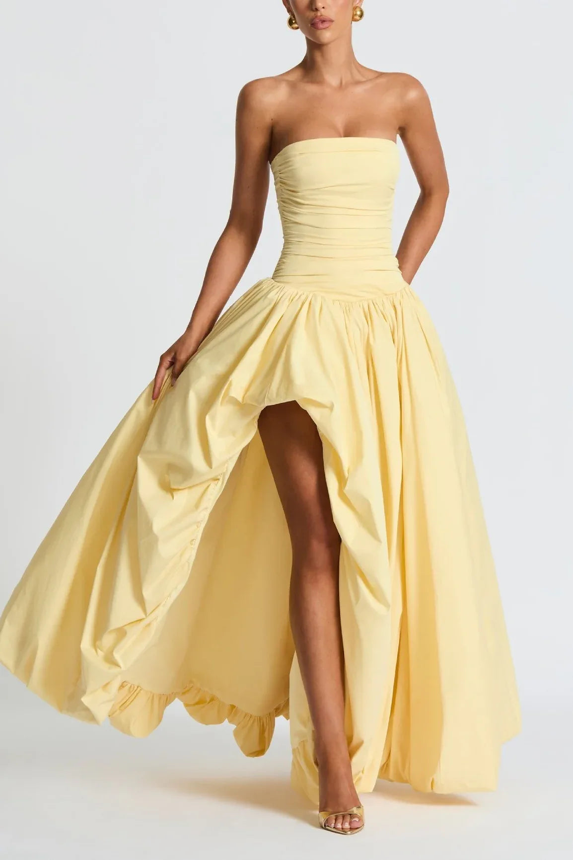 strapless a line wedding guest dress A-line Strapless Satin White Ruffles Wedding Dress Beaded Unique Weddi –  SELINADRESS main image 0