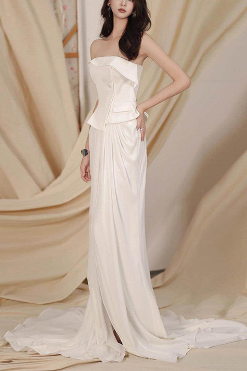 Sheath-Column Sweep-Brush Train Satin Chiffon Wedding Dress 831795489759 - COCOMELODY