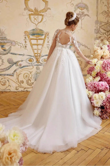 A-Line Illusion Neck Floral Applique Tulle Flower Girl Dresses 972513009627 - 10 Days / White / 2 - COCOMELODY
