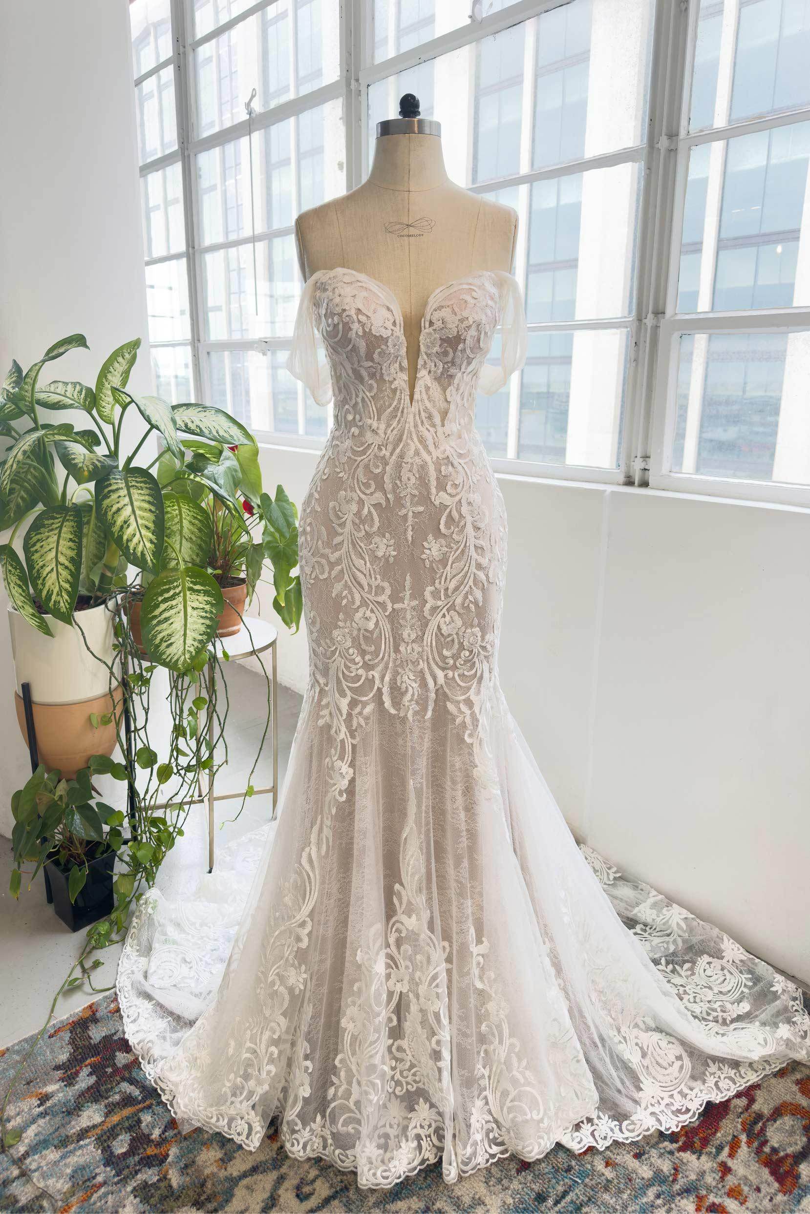 mermaid wedding dress cathedral train White Wedding Dress 2026 Tulle Mermaid Long Off-the-Shoulder Glamlora