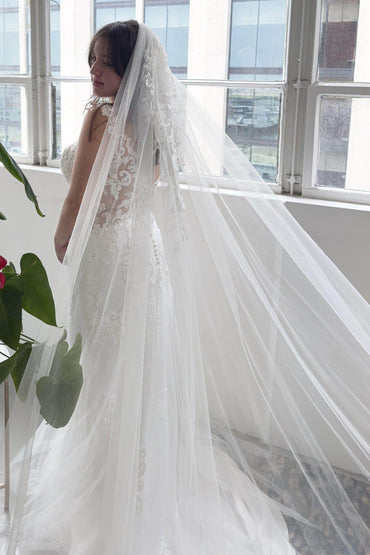 One-tier Lace Edge Lace Tulle Cathedral Veils with Appliques Beading CV0326 - COCOMELODY