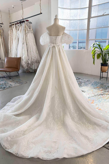 A-Line Chapel Train Lace Tulle Wedding Dress CW2986 - COCOMELODY