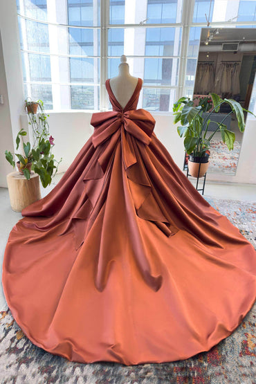 A-Line Chapel Train Satin Wedding Dress CW2991 - COCOMELODY