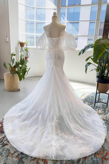Trumpet-Mermaid Court Train Lace Tulle Wedding Dress CW2987 - COCOMELODY