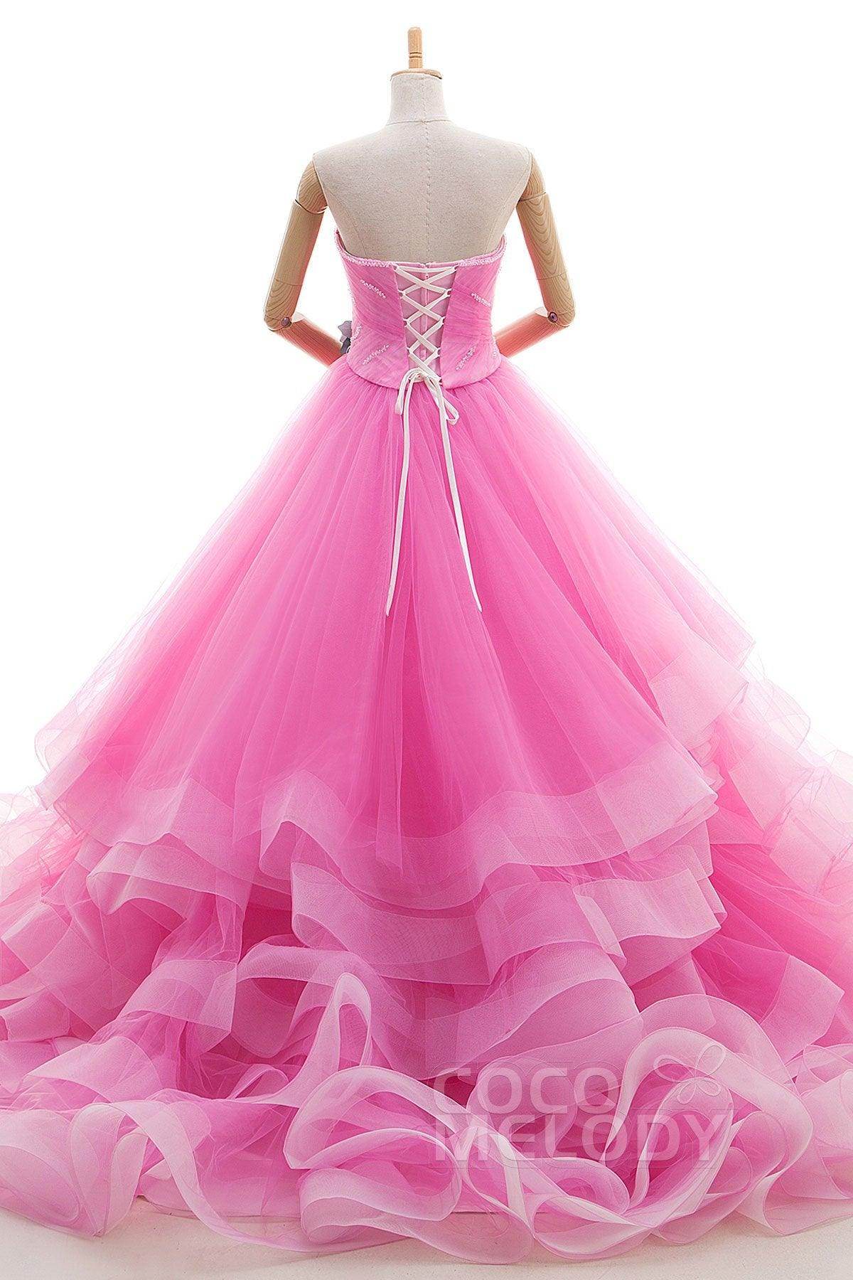 A Line Court Train Tulle Wedding Dress JWLT15067 - COCOMELODY