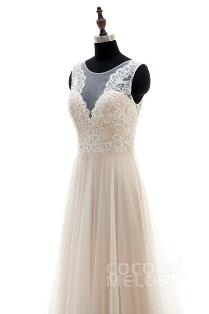 A-Line Sweep-Brush Train Tulle and Lace Wedding Dress LD3569
