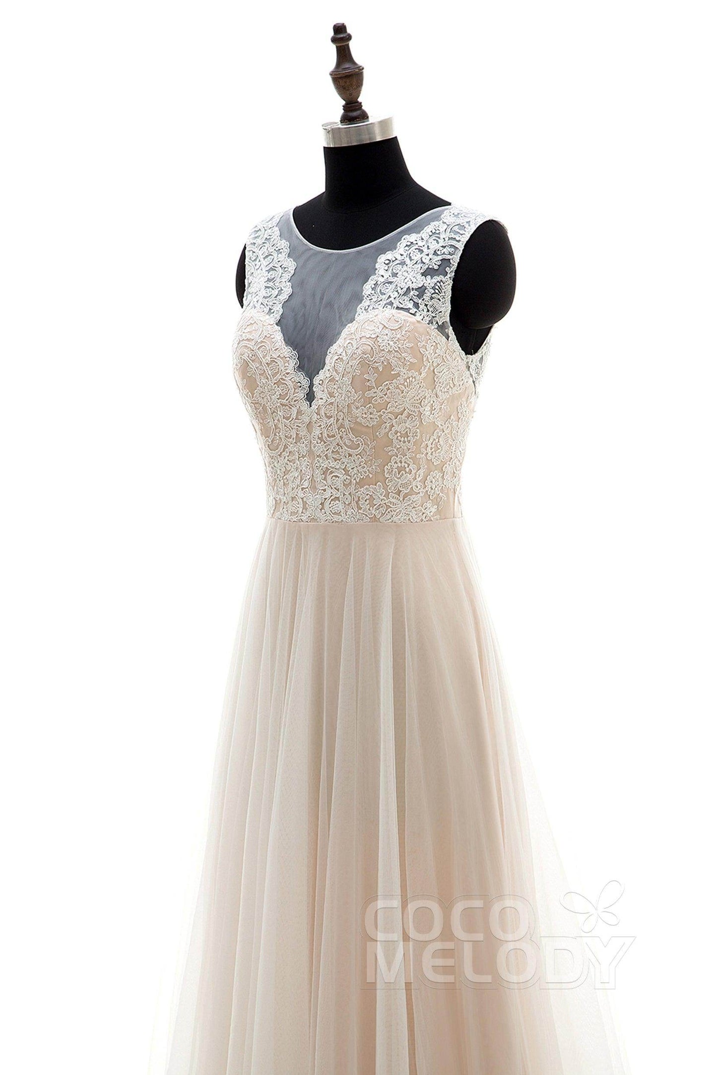 A-Line Sweep-Brush Train Tulle and Lace Wedding Dress LD3569 - COCOMELODY