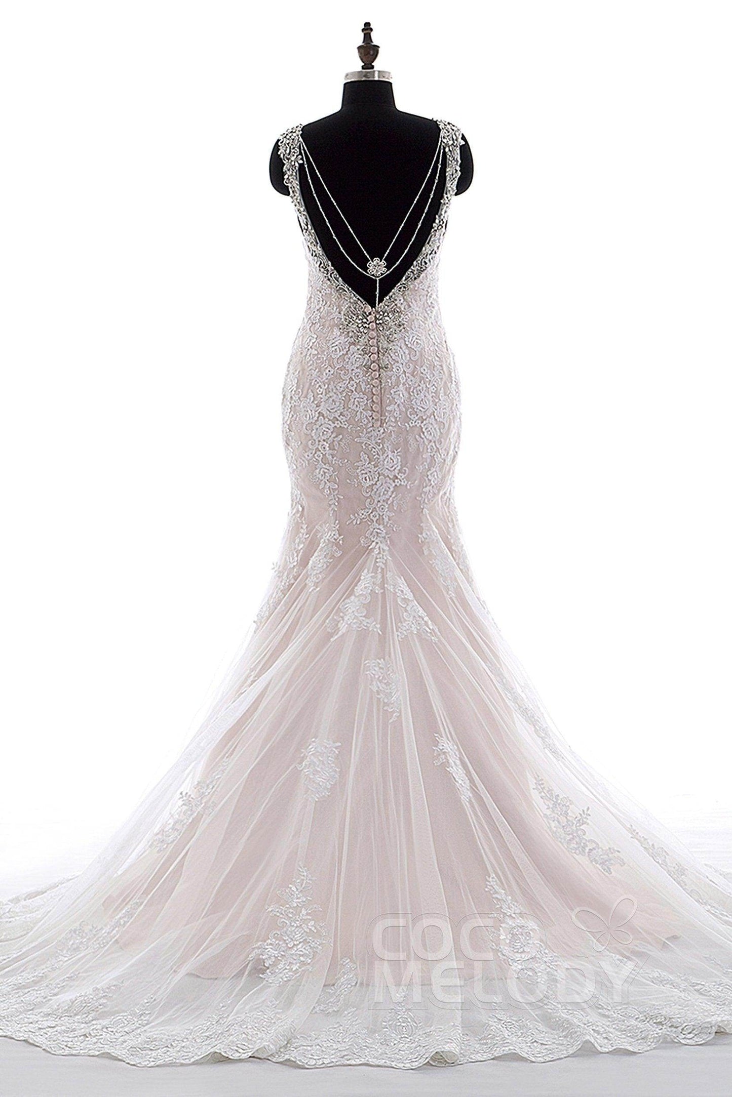 Trumpet-Mermaid Court Train Tulle Lace Wedding Dress LD3905 - COCOMELODY