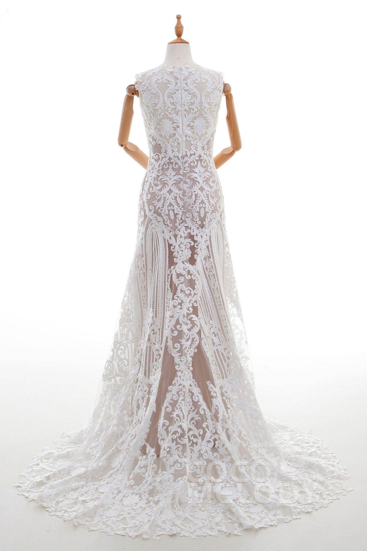 Sheath Sweep-Brush Train Lace Wedding Dress LD4317 - COCOMELODY