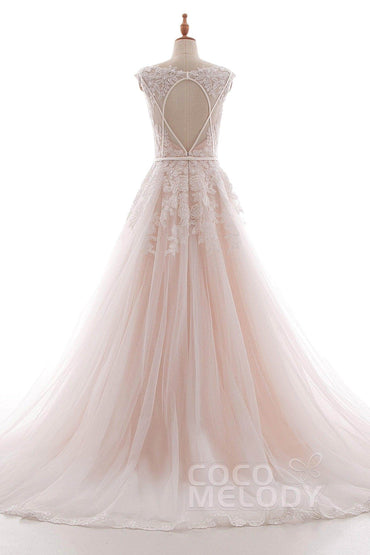 A-Line Court Train Lace and Tulle Wedding Dress LD4395 - COCOMELODY