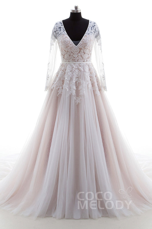 A-Line Court Train Lace and Tulle Wedding Dress LD4432