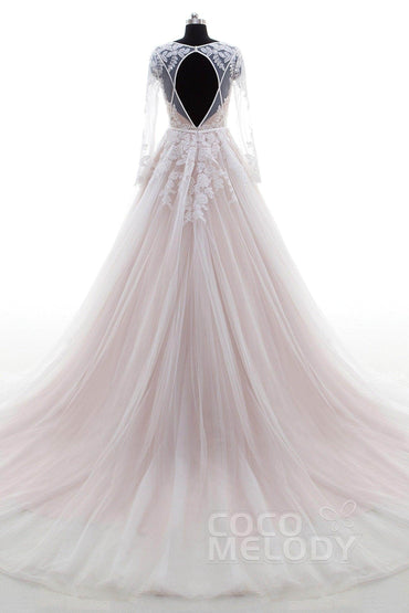 A-Line Court Train Lace and Tulle Wedding Dress LD4432 - COCOMELODY
