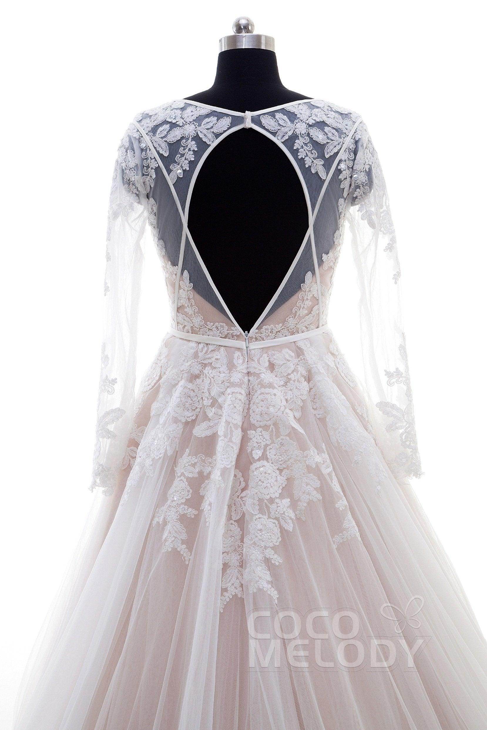 A-Line Court Train Lace and Tulle Wedding Dress LD4432 - COCOMELODY