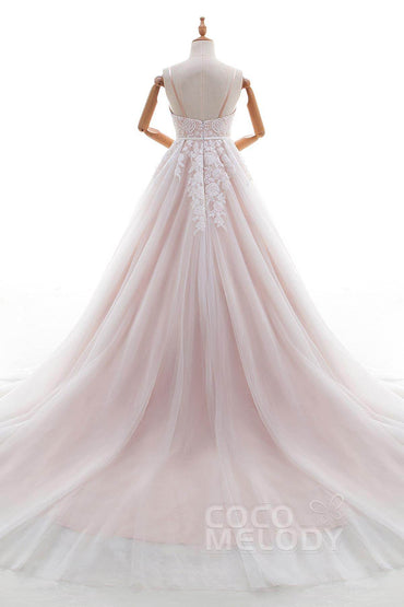A-Line Chapel Train Lace and Tulle Wedding Dress LD4515 - COCOMELODY