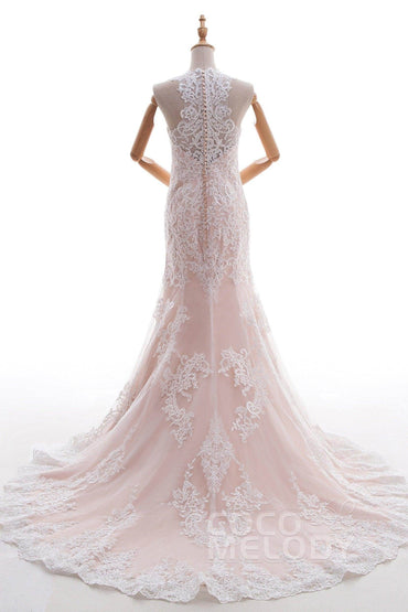 Trumpet-Mermaid Court Train Lace Tulle Wedding Dress LD4519 - COCOMELODY