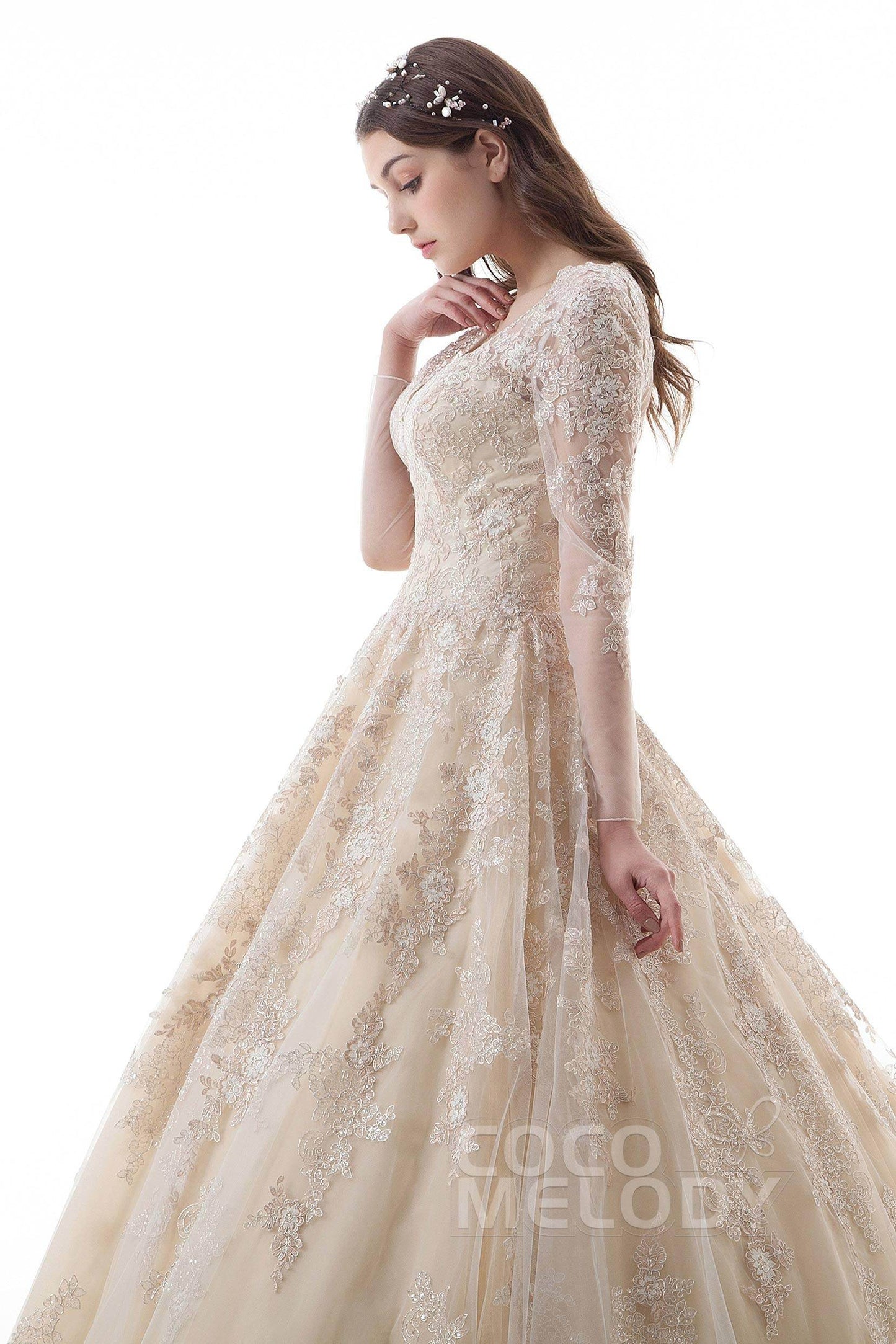 Princess Court Train Lace Tulle Gothic Wedding Dress LD4622 - COCOMELODY