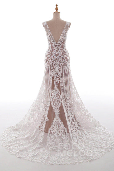 Fit-and-Flare Court Train Tulle Lace Wedding Dress LD4722 - COCOMELODY