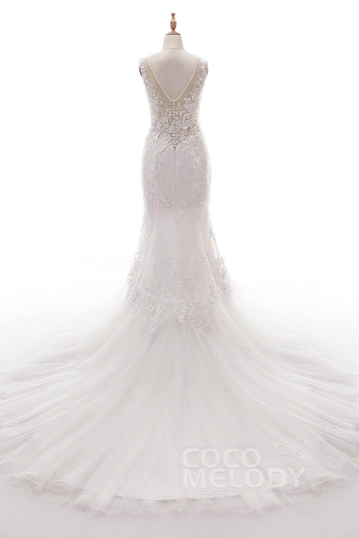 Trumpet-Mermaid Court Train Tulle Lace Wedding Dress LD5058 - COCOMELODY