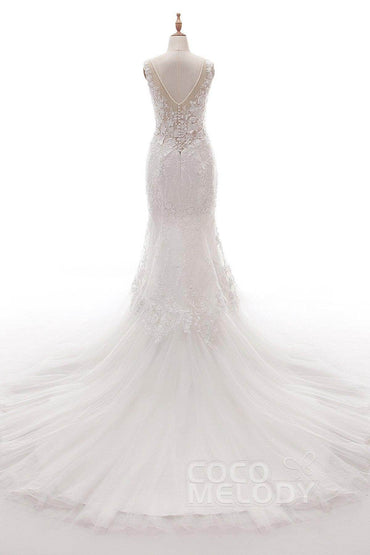 Trumpet-Mermaid Court Train Tulle Lace Wedding Dress LD5058 - COCOMELODY
