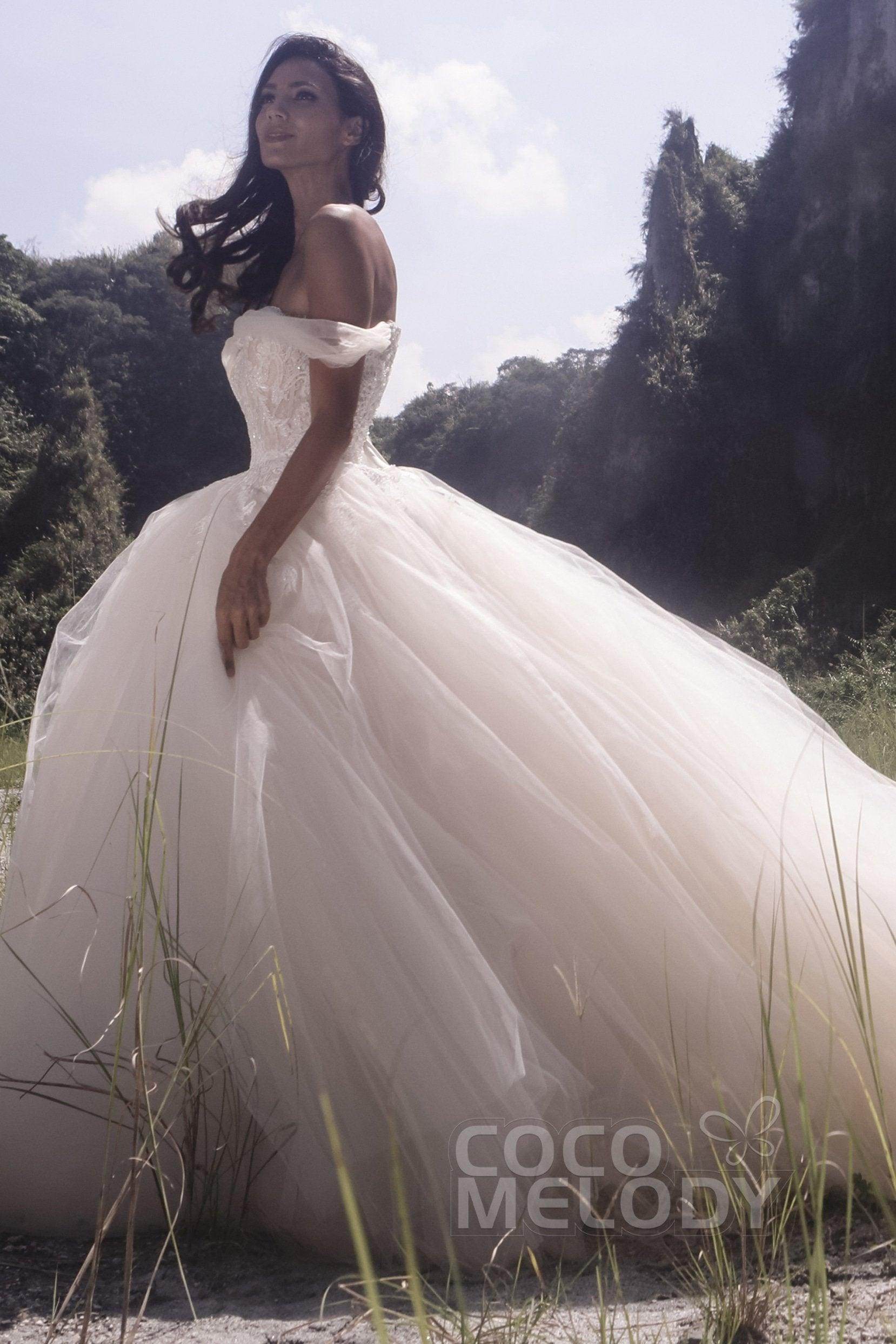 Princess Court Train Satin and Tulle Wedding Dress COCOMELODY LD5066, 45 Days / Ivory / US4-UK6-EUR34