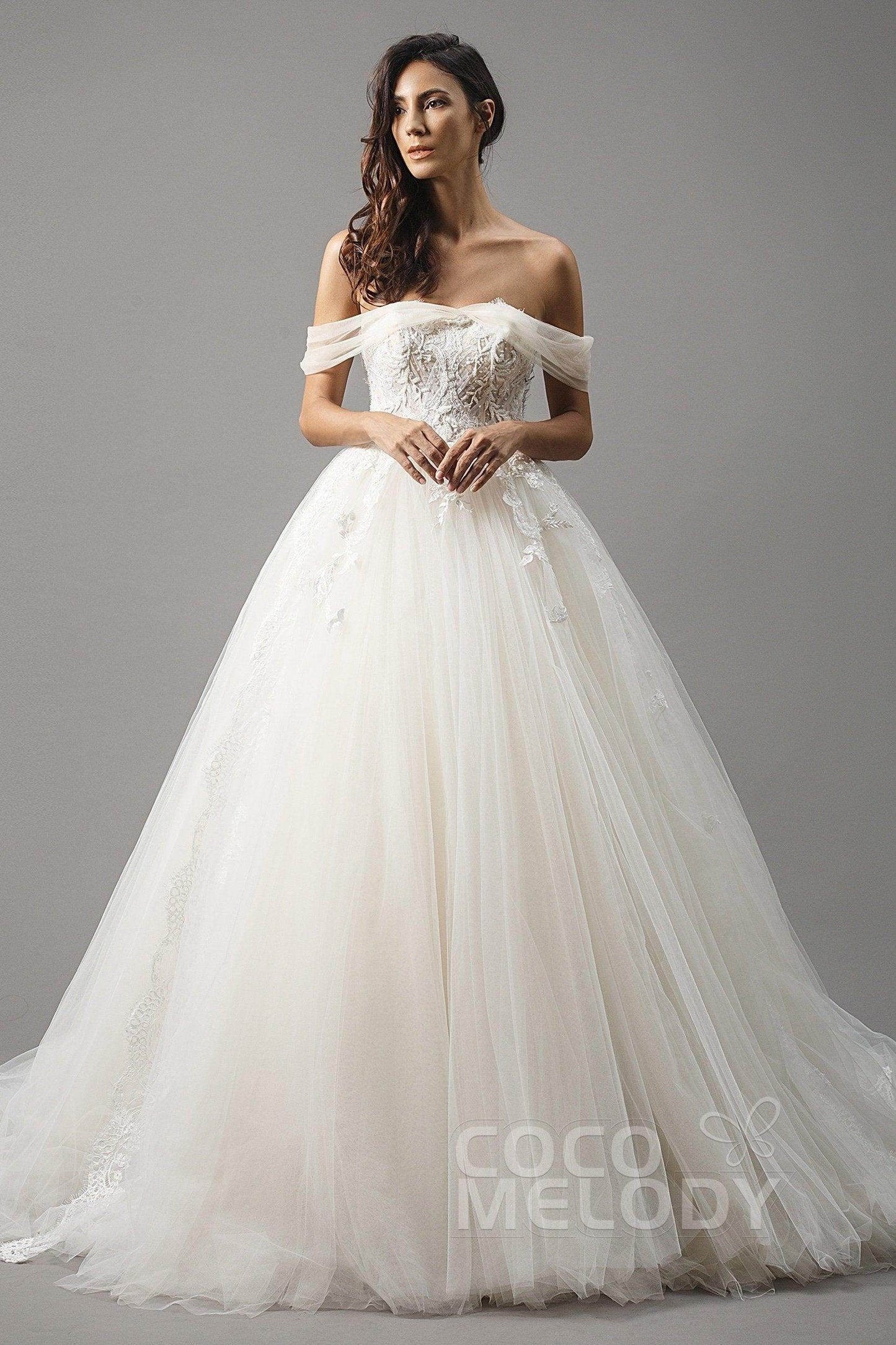 Princess Court Train Satin and Tulle Wedding Dress LD5066 - COCOMELODY