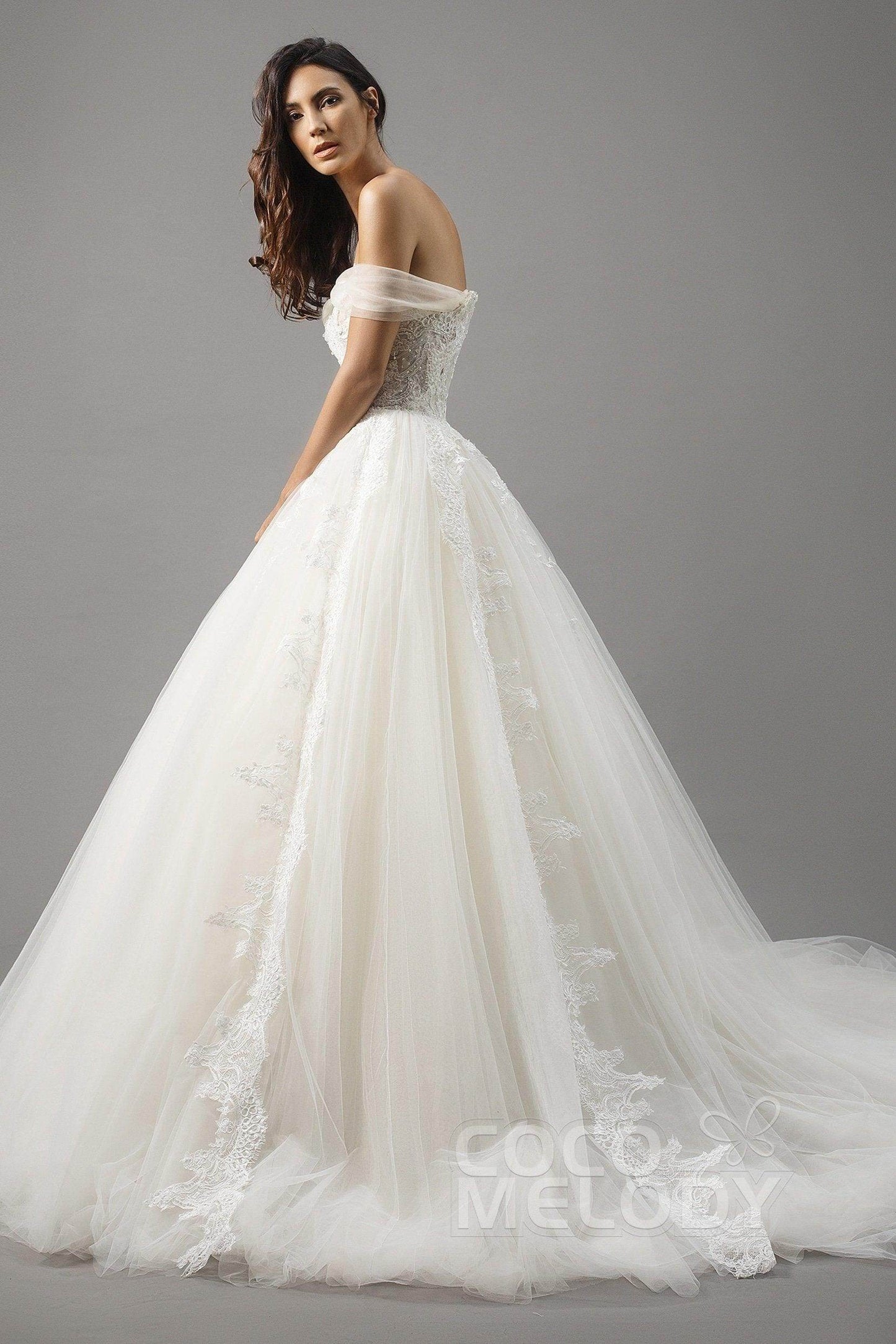 Princess Court Train Satin and Tulle Wedding Dress LD5066 - COCOMELODY