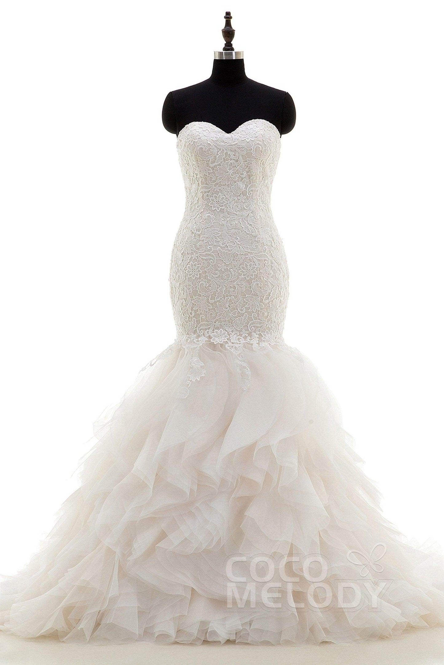 Mermaid Court Train Lace and Organza Wedding Dress LWLT15032 - COCOMELODY