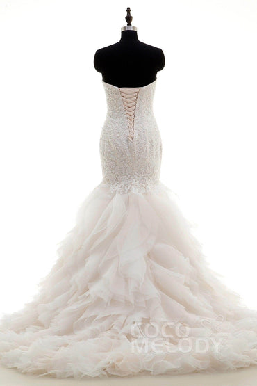 Mermaid Court Train Lace and Organza Wedding Dress LWLT15032 - COCOMELODY