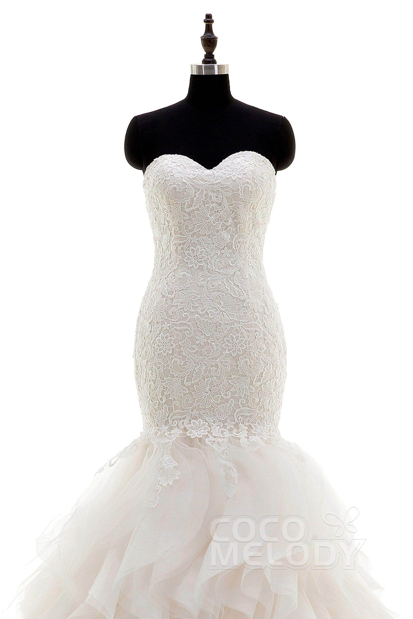 Mermaid Court Train Lace and Organza Wedding Dress LWLT15032 - COCOMELODY