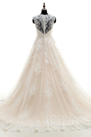 A-Line Court Train Tulle and Lace Wedding Dress LWXT16001 - COCOMELODY