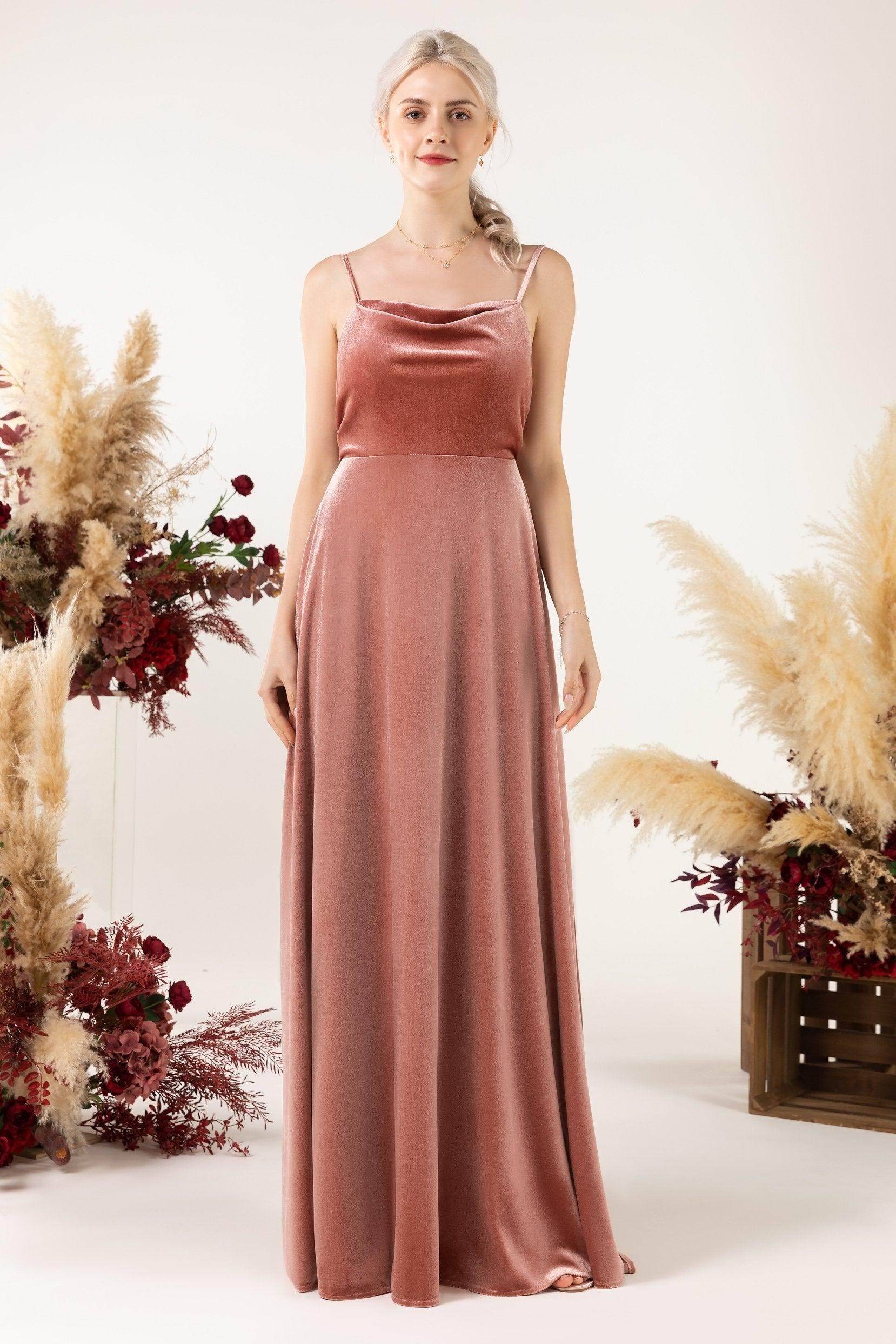 A-Line Sweep-Brush Train Velvet Bridesmaid Dress Formal Dresses CB0536 - COCOMELODY