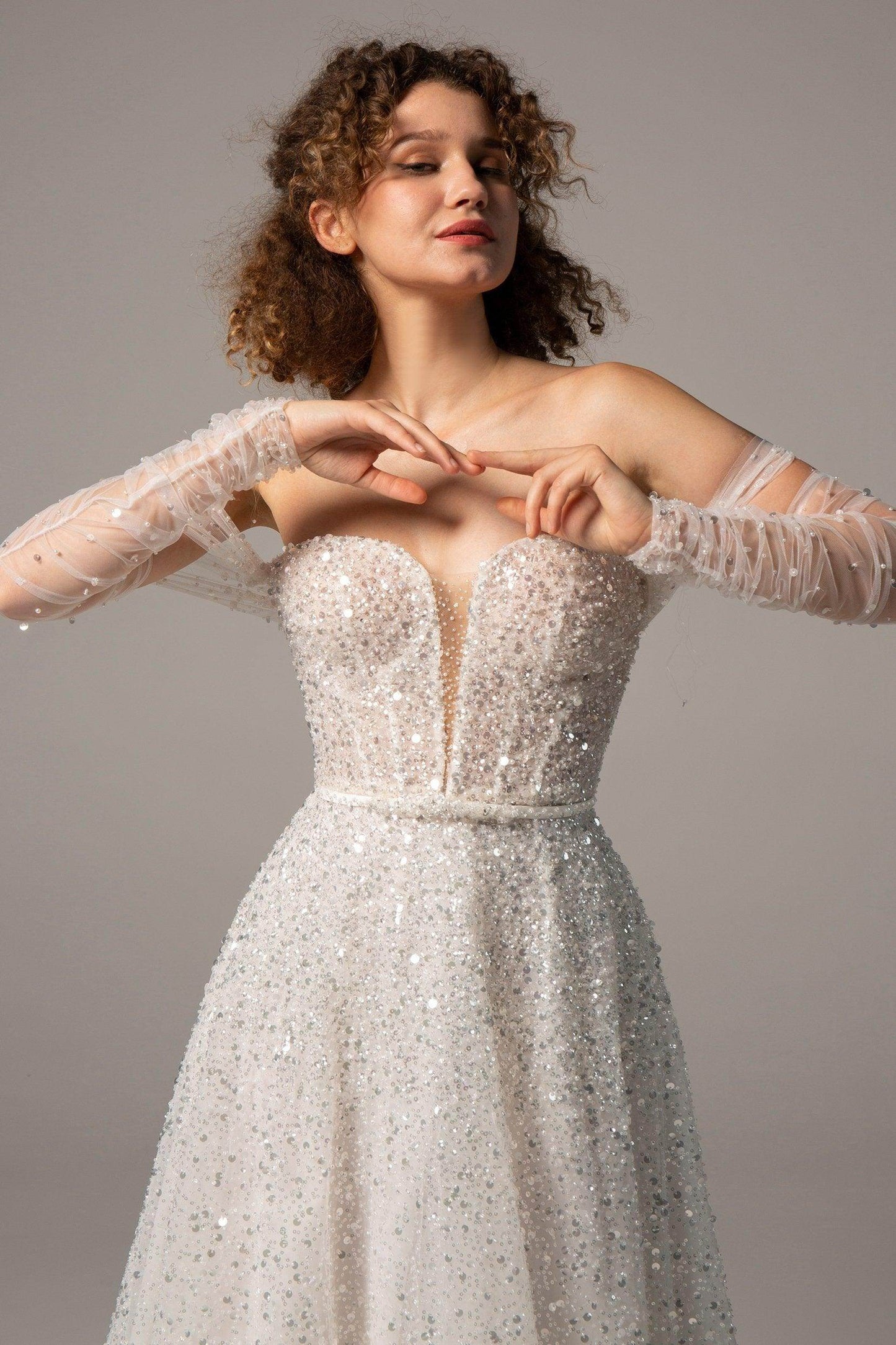 A-Line Court Train Sequined Wedding Dress CW2381 - COCOMELODY