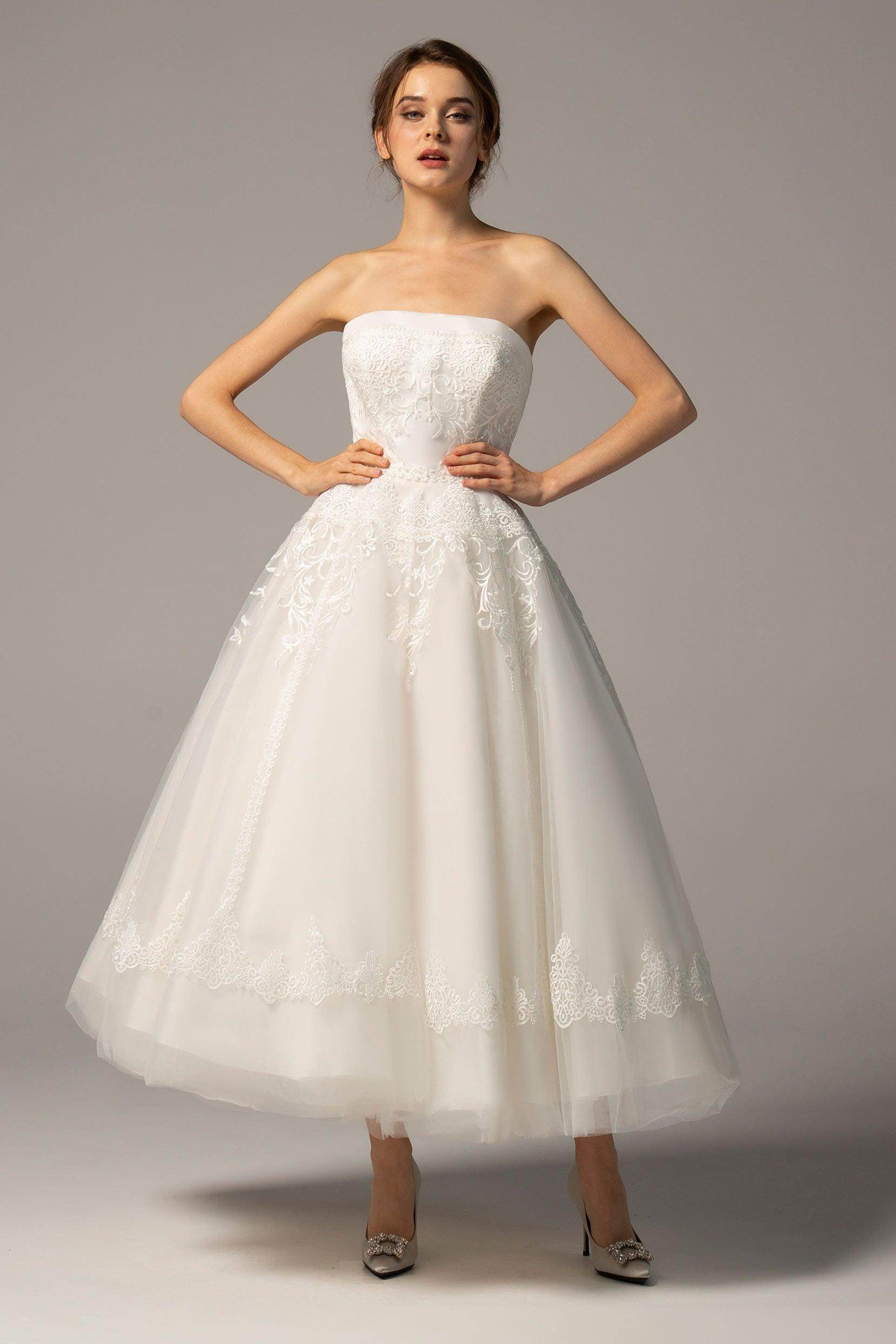 A-Line Ankle Length Tulle Wedding Dress CW2392 - COCOMELODY