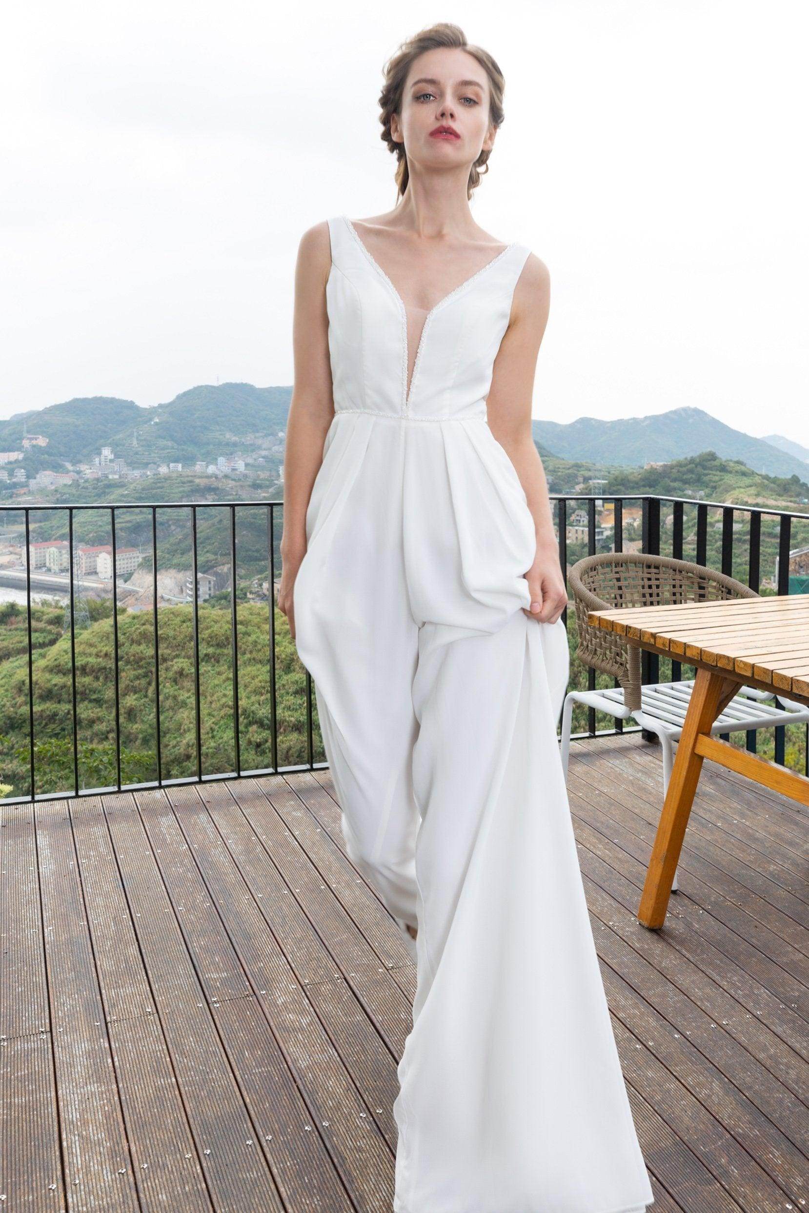 Ivory V Neck Chiffon Wedding Jumpsuit with Pockets Beaded Bridal Pantsuit COCOMELODY CW2353, 25 Days / Ivory / US10-UK12-EUR40