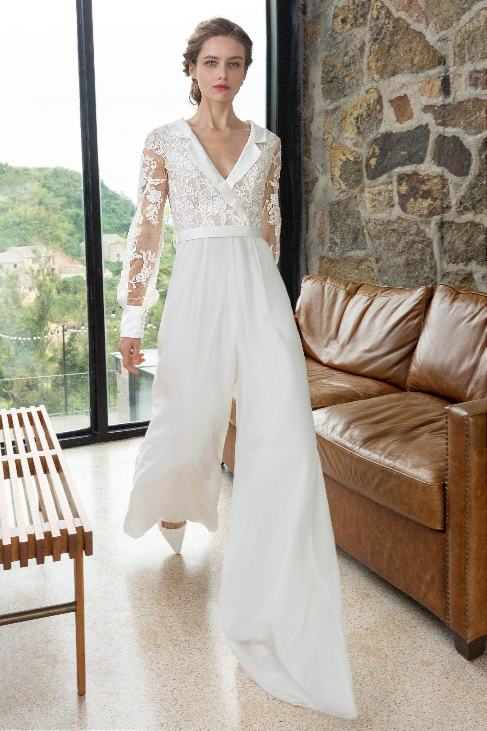 V-Neck Long Sleeve Wedding Jumpsuit with Pockets COCOMELODY CW2351