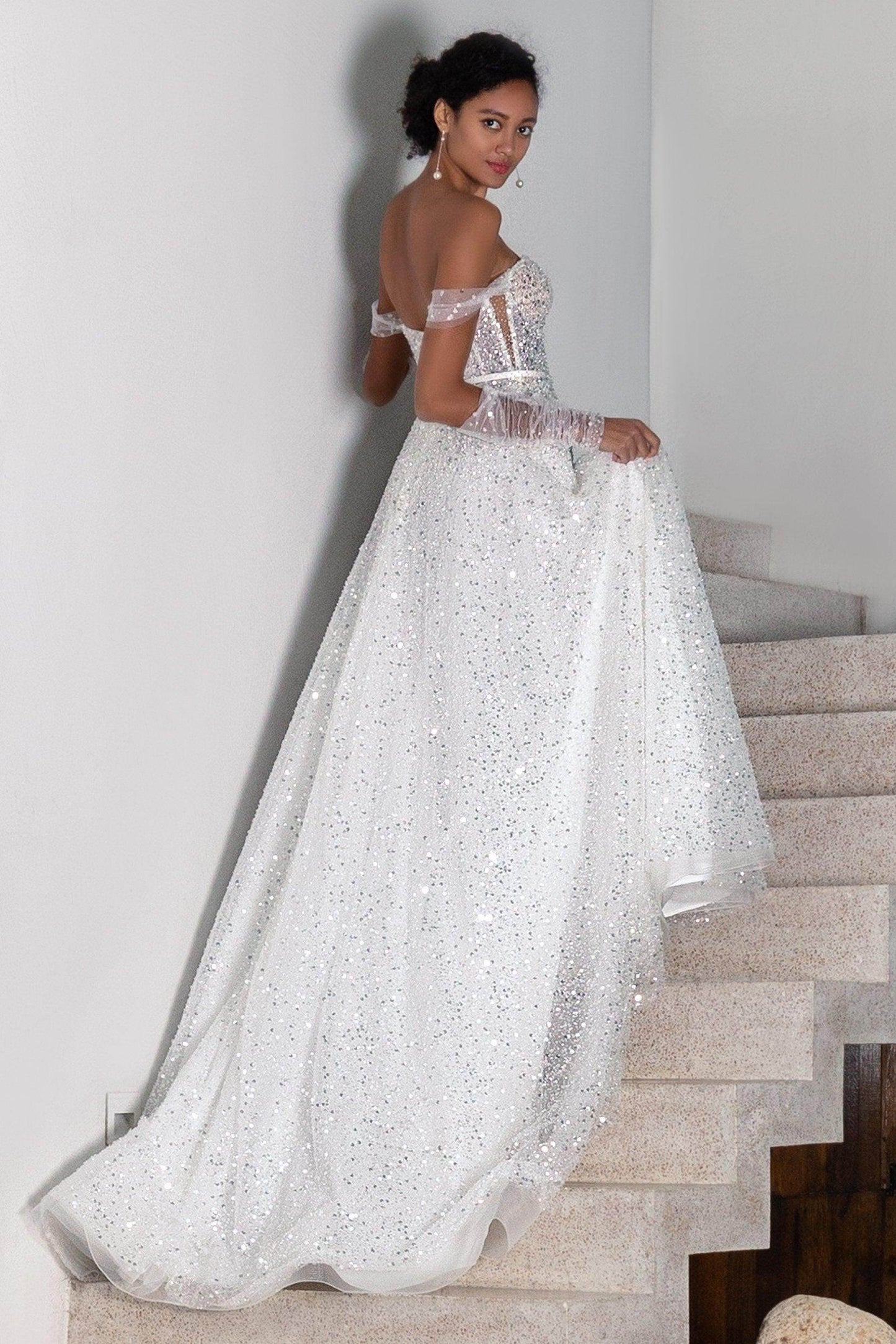 A-Line Court Train Sequined Wedding Dress CW2381 - COCOMELODY