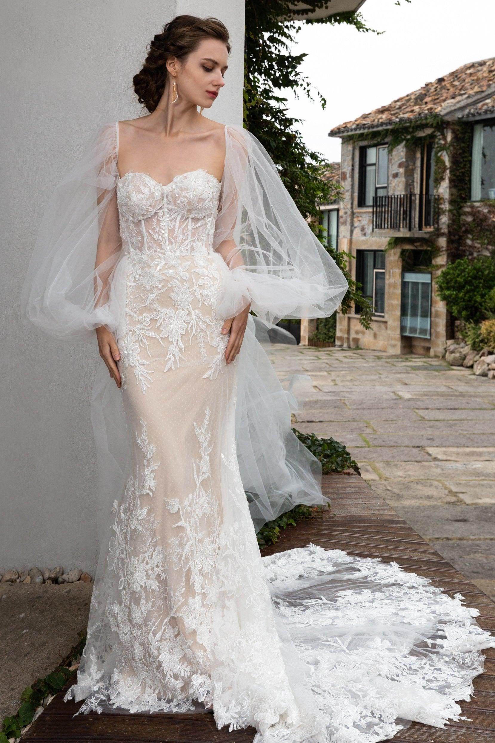 Trumpet Court Train Tulle Knitted Wedding Dress CW2360 - COCOMELODY