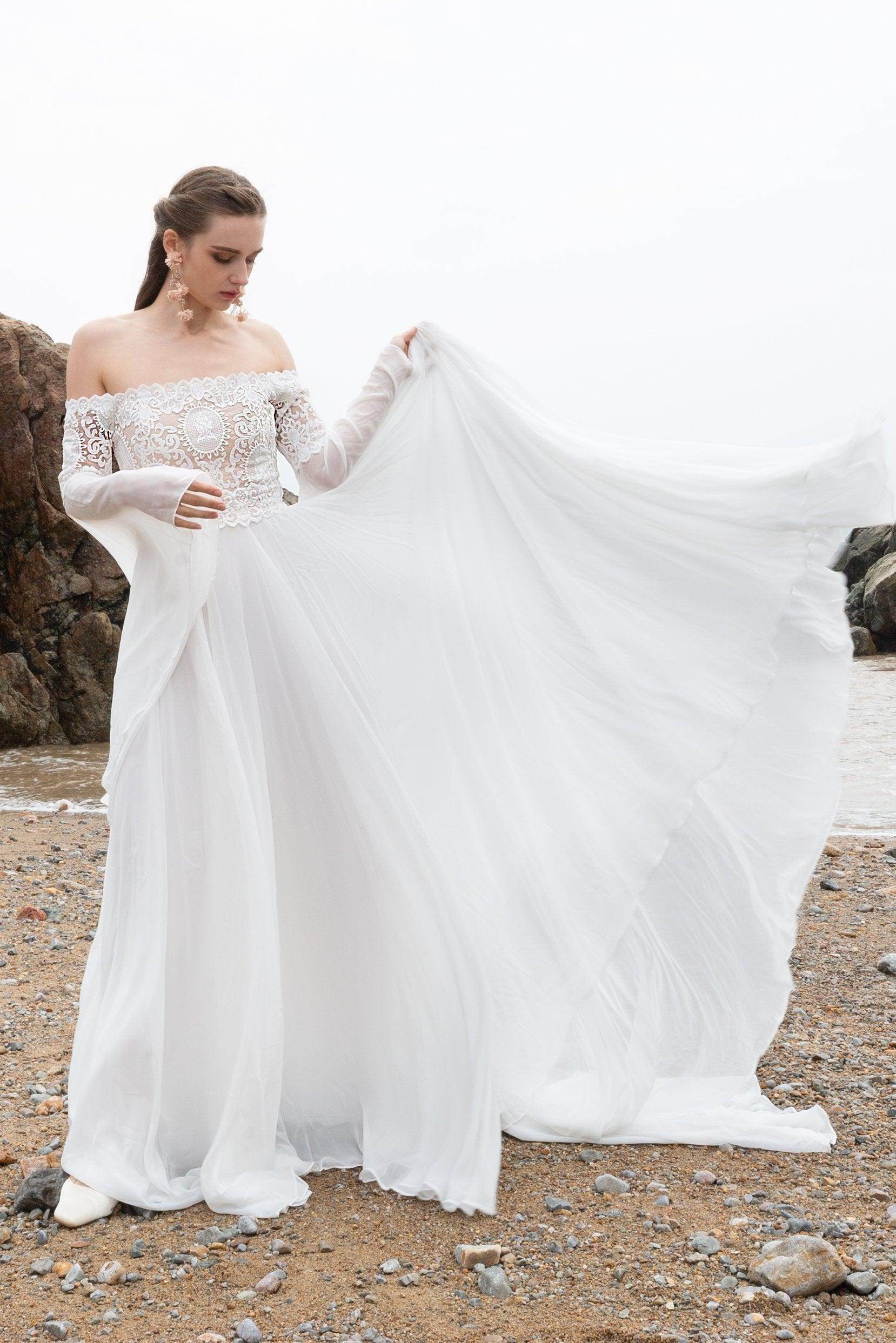 A-Line Off The Shoulder Chiffon Lace Bell Sleeve Wedding Dress
