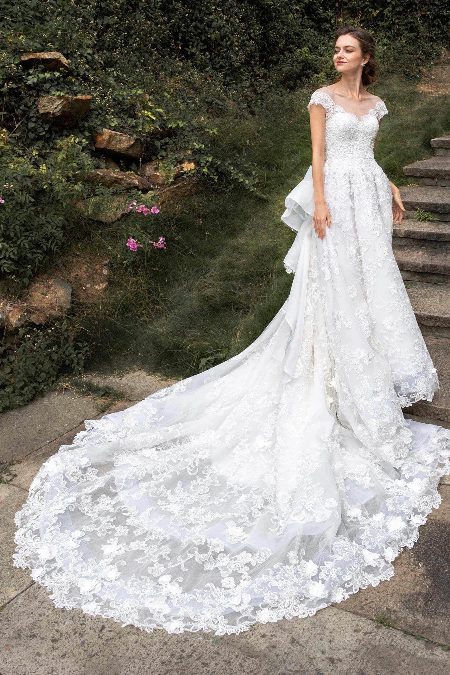 A-Line Cathedral Train Tulle Lace Wedding Dress CW2389 - COCOMELODY