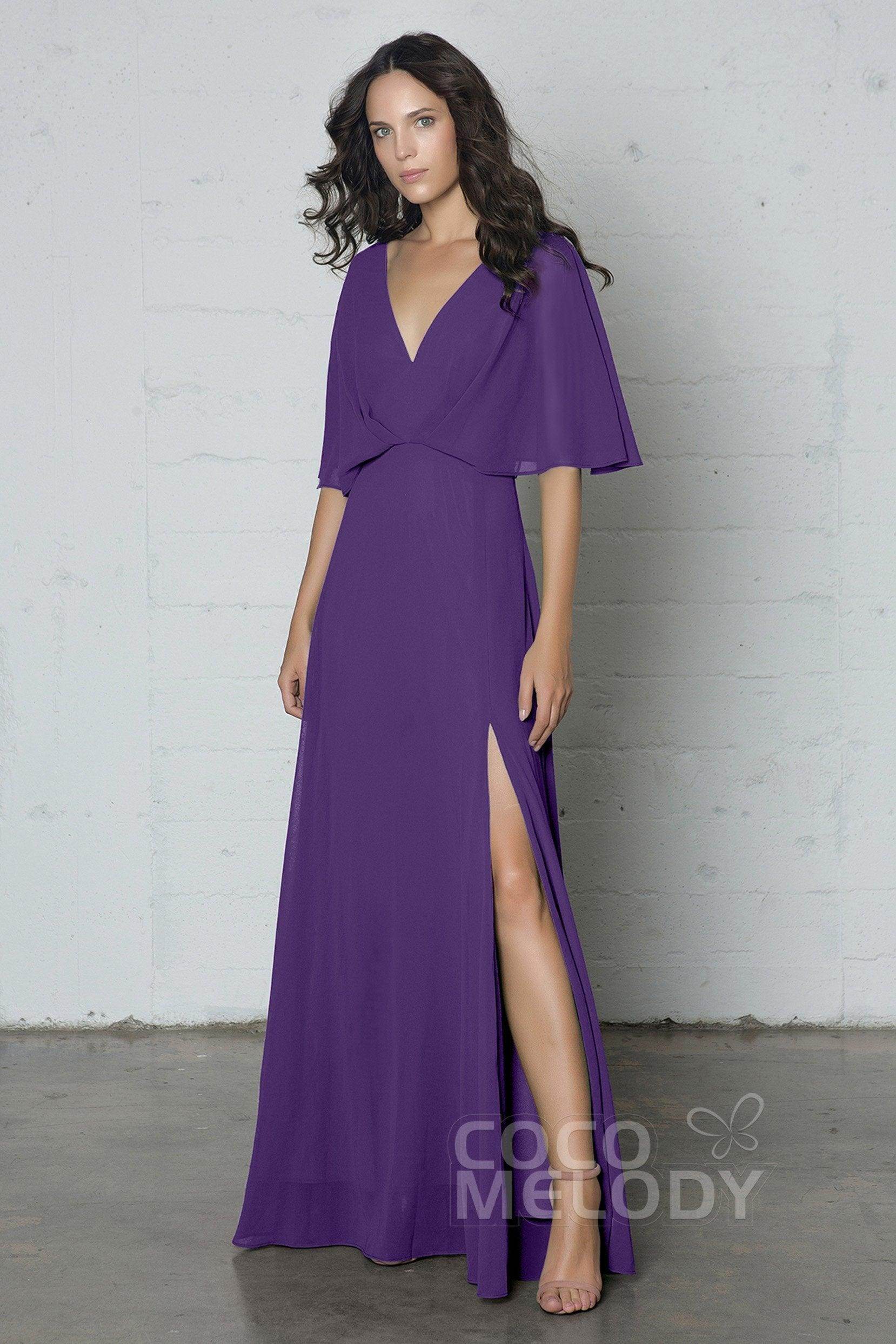 Sheath Floor Length Chiffon Half Sleeve Bridesmaid Dress COCOMELODY PR17024, Silver Cloud Sheath Floor Length Chiffon Half Sleeve Bridesmaid Dress COCOMELODY PR17024, Silver Cloud