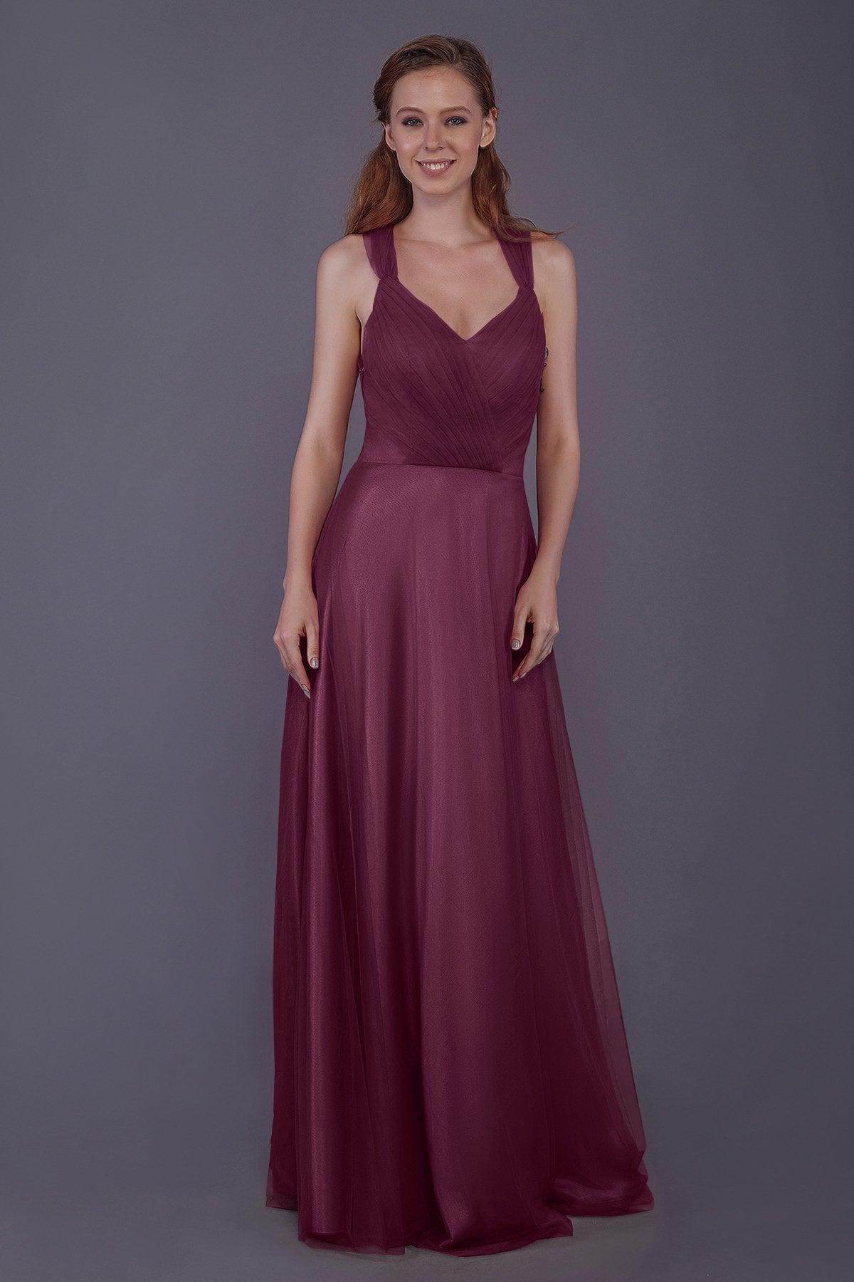 Sheath-Column Floor Length Tulle Bridesmaid Dress PR3496 - COCOMELODY